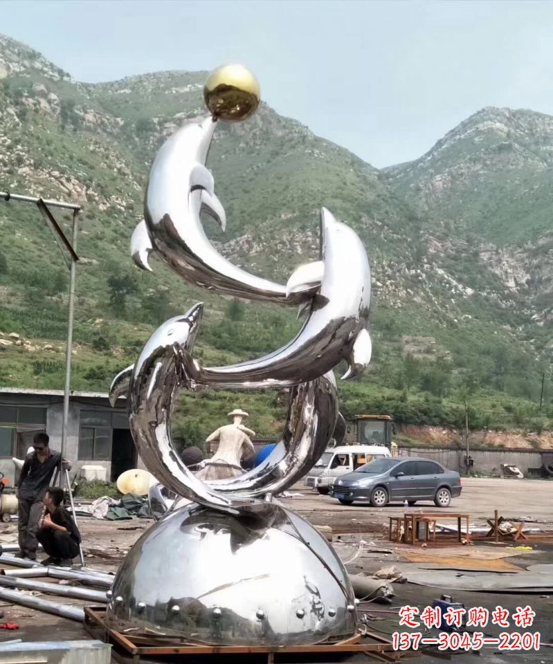 徐州不锈钢海豚顶球雕塑1