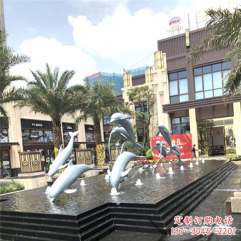 徐州不锈钢海豚喷泉-城市企业街道睡觉景观雕塑