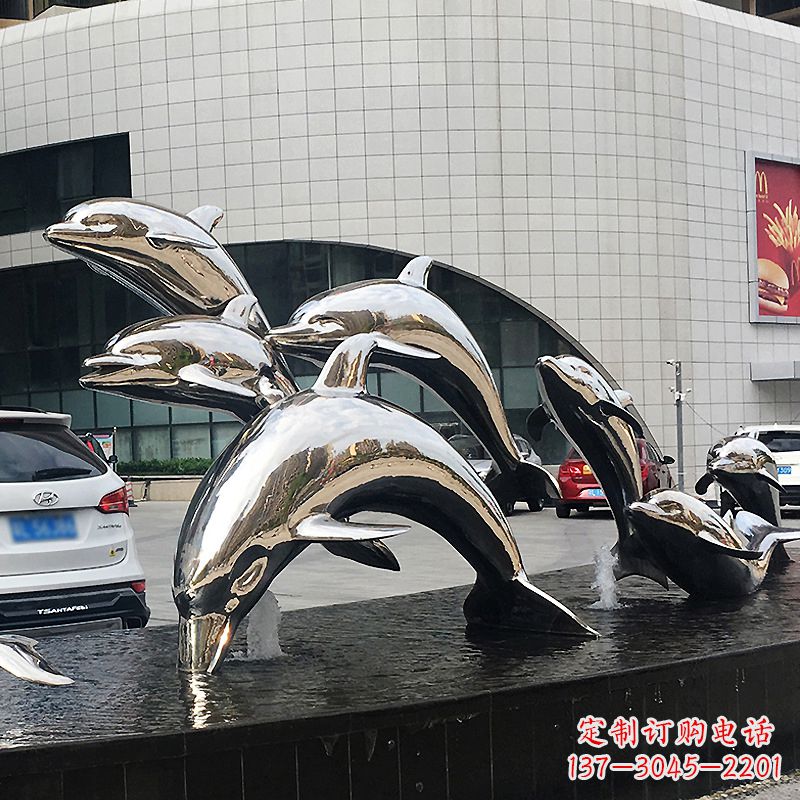 徐州城市商场不锈钢镜面海豚水景景观雕塑摆件