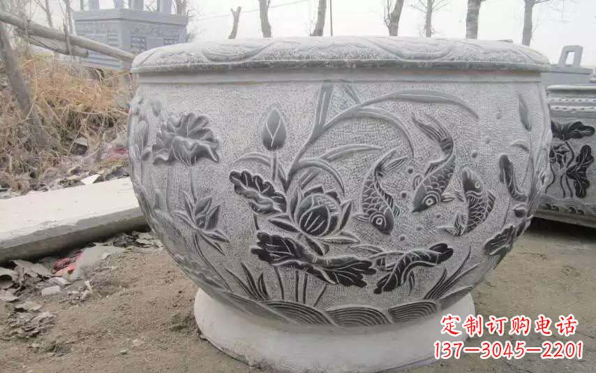 徐州仿古雕刻鲤鱼石浮雕水缸