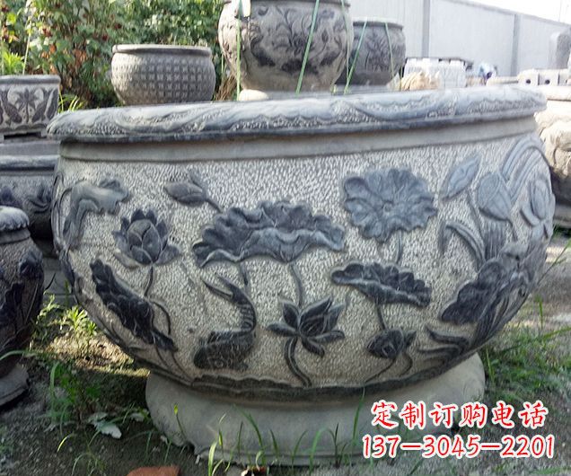 徐州中领雕塑仿古荷花石浮雕水缸