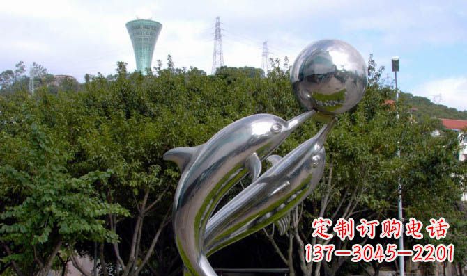 徐州高贵静谧的不锈钢海豚顶球雕塑