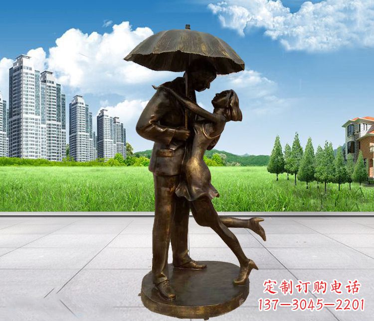 徐州公园打伞接吻的情侣铜雕