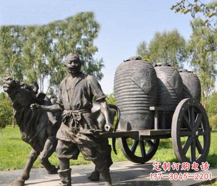 徐州公园驾着牛车拉酒缸的古代人物小品铜雕
