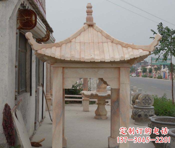 徐州公园晚霞红六角石雕凉亭 (4)