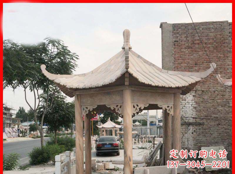 徐州公园晚霞红六角石雕凉亭 (5)