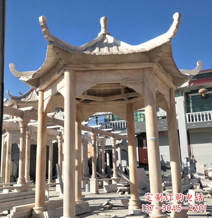 徐州公园晚霞红六角石雕凉亭 (7)