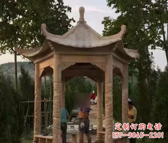 徐州公园晚霞红六角石雕凉亭 (9)
