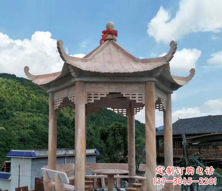 徐州公园晚霞红六角石雕凉亭 (10)