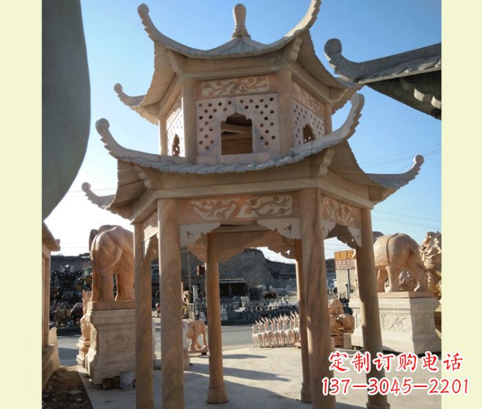 徐州公园晚霞红六角双层中式石雕凉亭