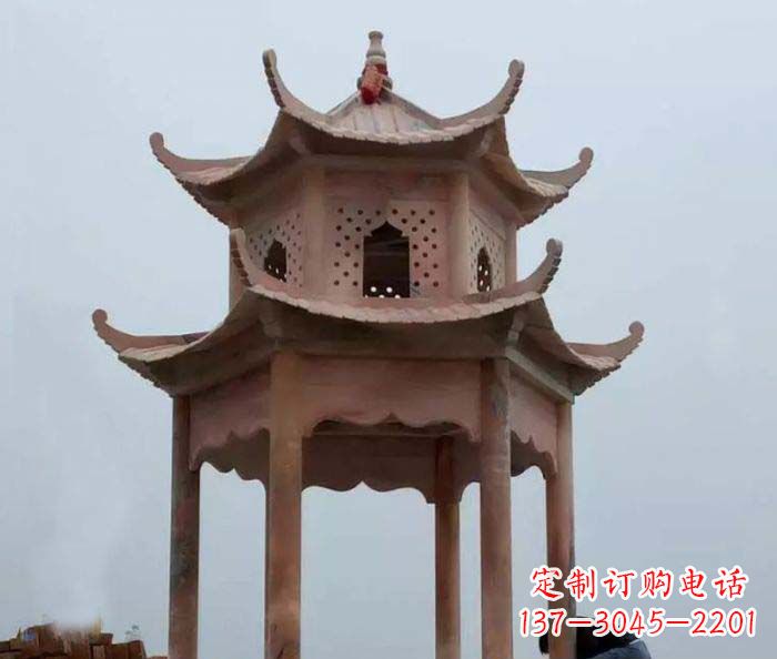 徐州公园晚霞红双层六角石雕凉亭