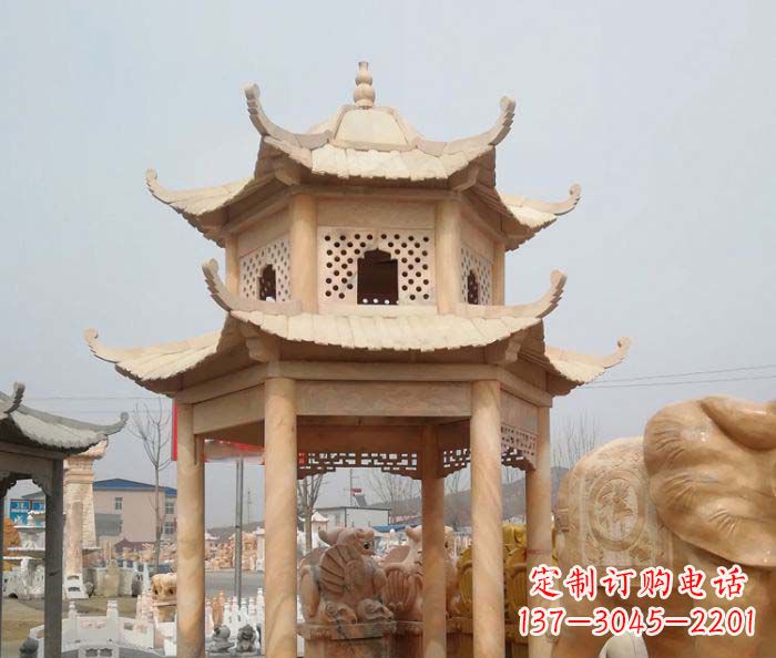 徐州公园晚霞红双层六角石雕凉亭 (2)