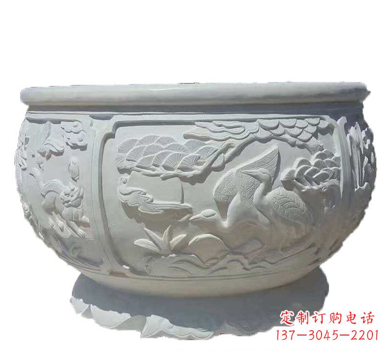 徐州汉白玉松鹤延年浮雕水缸