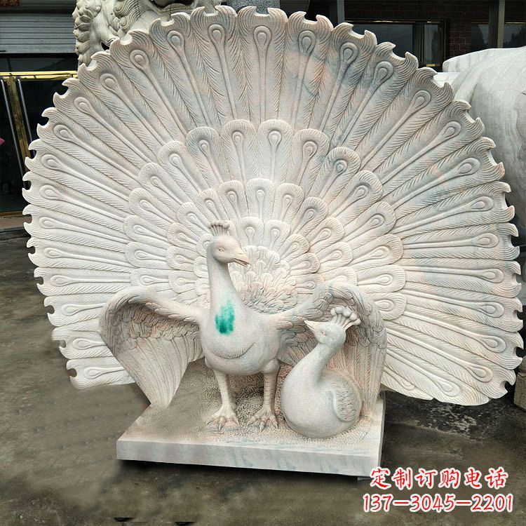 徐州汉白玉孔雀雕塑,传统工艺精致塑造