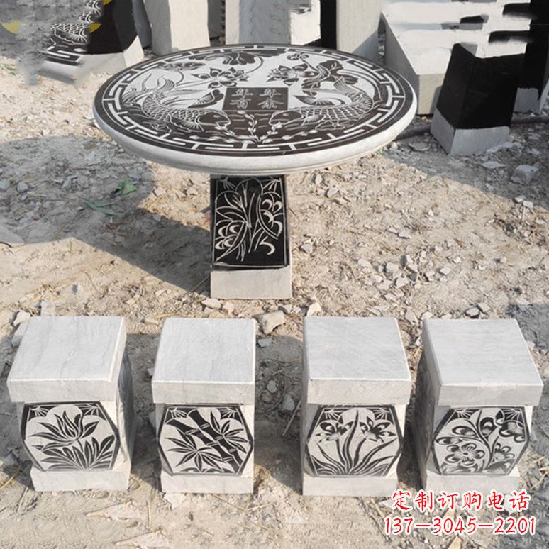 徐州梅兰竹菊仿古方石桌凳雕塑，古朴典雅