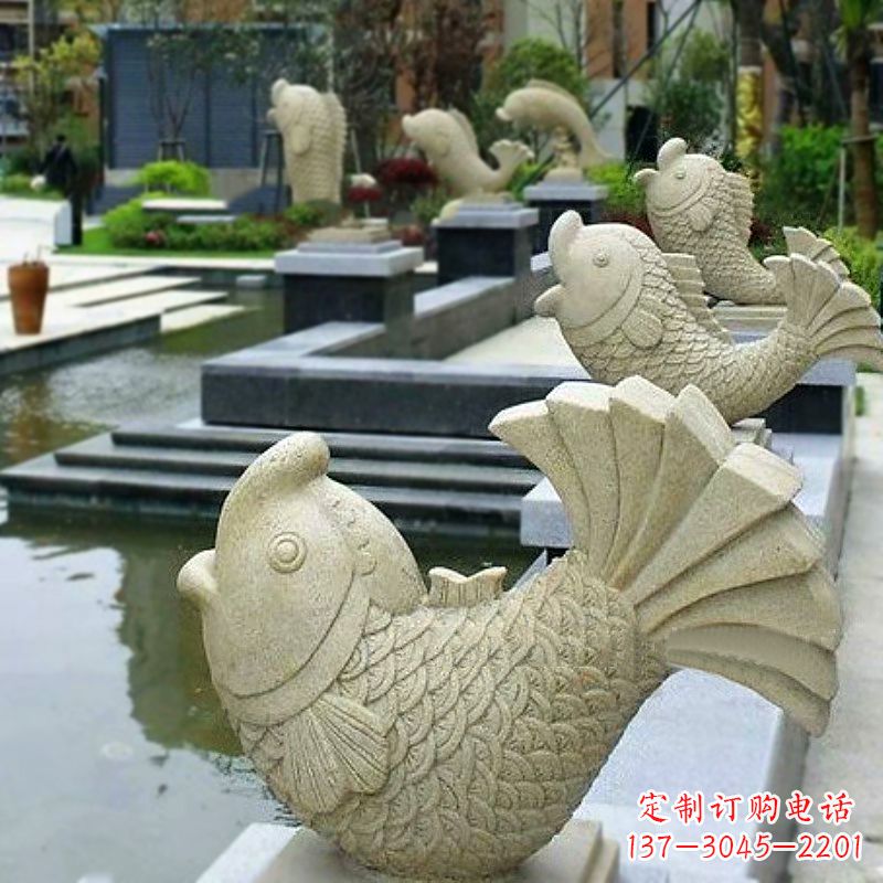 徐州喷水鱼砂岩石雕-园林水池雕塑