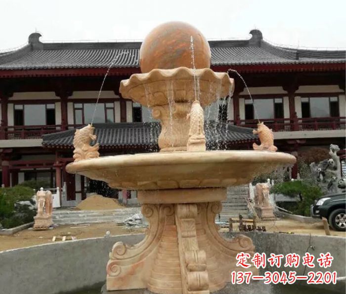 徐州双层风水球喷泉晚霞红石雕