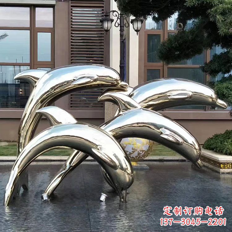 徐州水景不锈钢海豚雕塑-城市广场创意动物雕塑