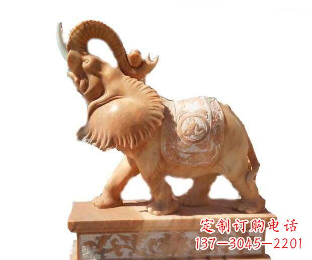 徐州晚霞红吉祥如意象鼻朝天的大象石雕
