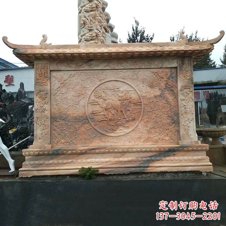徐州晚霞红麒麟影壁墙石雕
