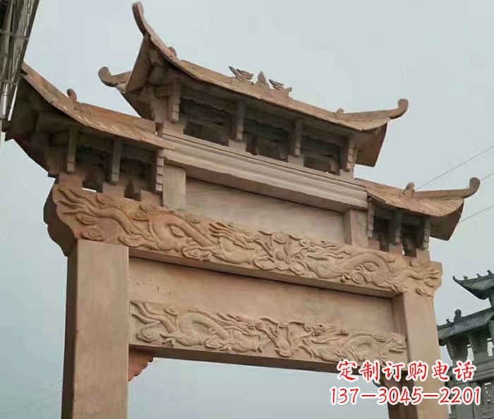 徐州晚霞红石雕单门牌坊