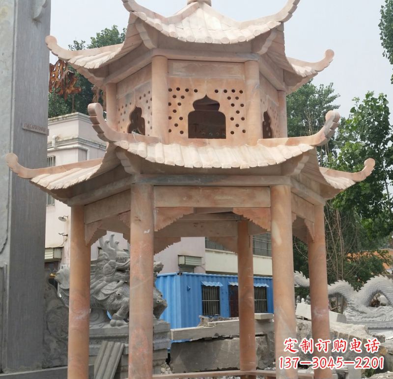 徐州晚霞红双层六角凉亭石雕 (2)
