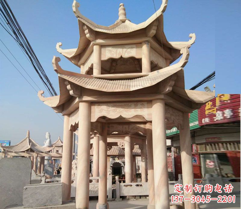 徐州晚霞红双层六角凉亭石雕 (3)