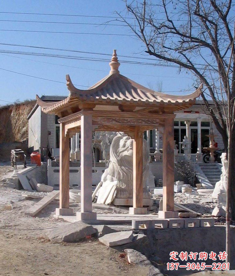 徐州晚霞红四角凉亭景观石雕