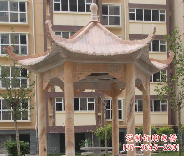 徐州小区晚霞红六角凉亭石雕