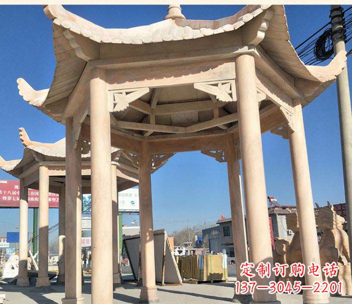 徐州园林景观晚霞红六角石雕凉亭 (2)