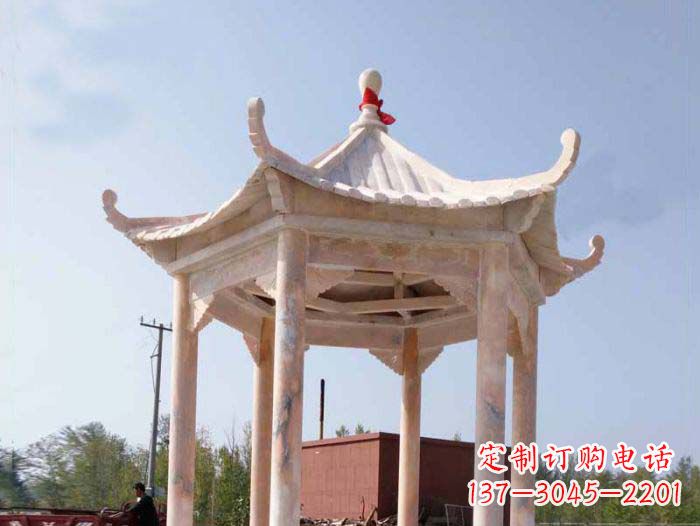 徐州园林景观晚霞红六角石雕凉亭