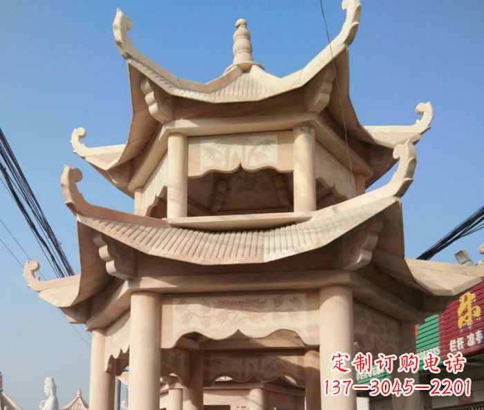 徐州园林景观晚霞红双层石雕凉亭 (2)