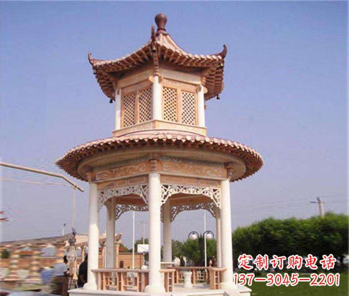 徐州园林景观晚霞红双层石雕凉亭 (4)