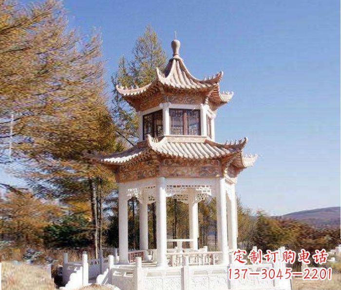 徐州园林景观晚霞红双层石雕凉亭 (3)