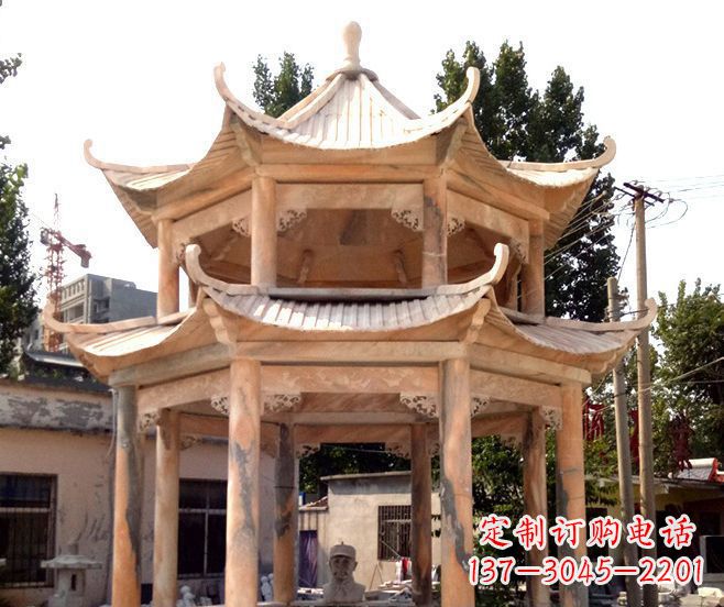 徐州园林景观晚霞红双层石雕凉亭