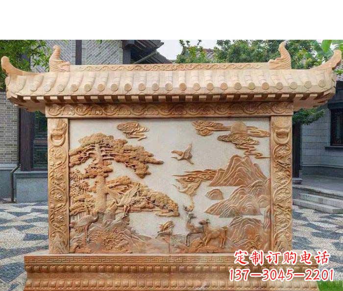 徐州园林景观晚霞红松鹤石浮雕影壁