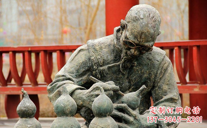 徐州园林在葫芦上刻字的老人小品铜雕